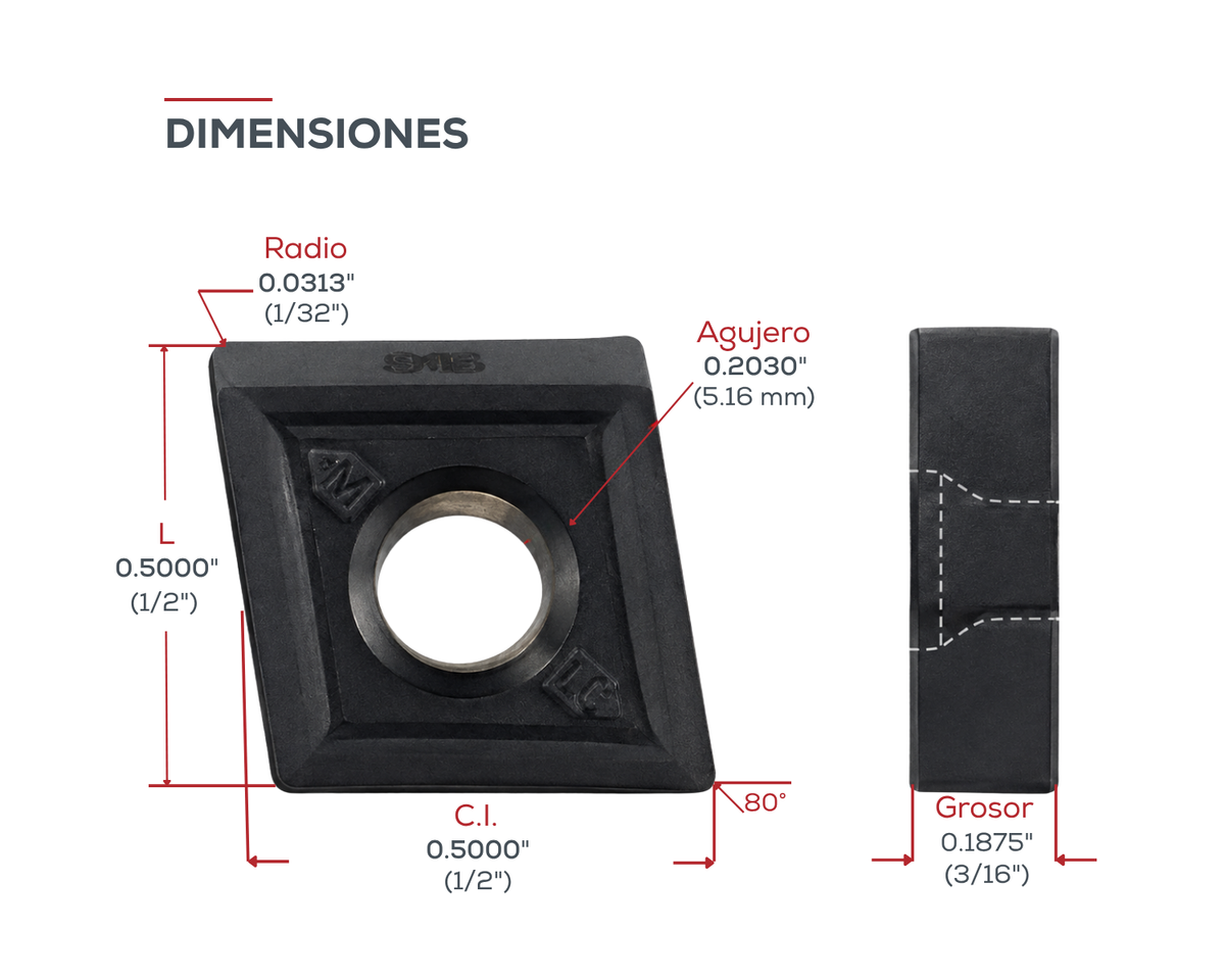 Dorian Tool Inserto CNMG-431-SEM Grado DSP15HT / Diamante, 80°, Negativo, 1/2"