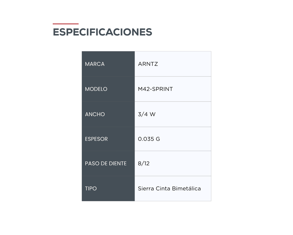 Sierra Cinta Bimetálica Arntz M42-SPRINT / 3/4 W 0.035 G Dientes 8/12